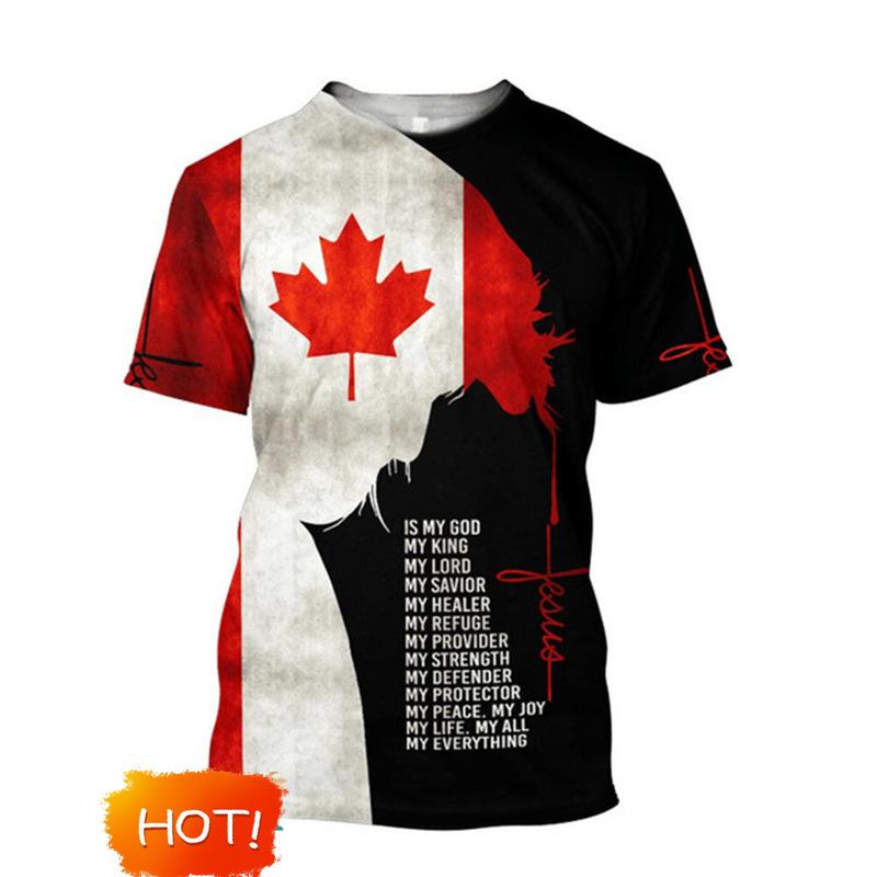Canada Thema Korte Mouw T-shirt, Esdoornblad Print, True North Strong Free, Casual Kleding