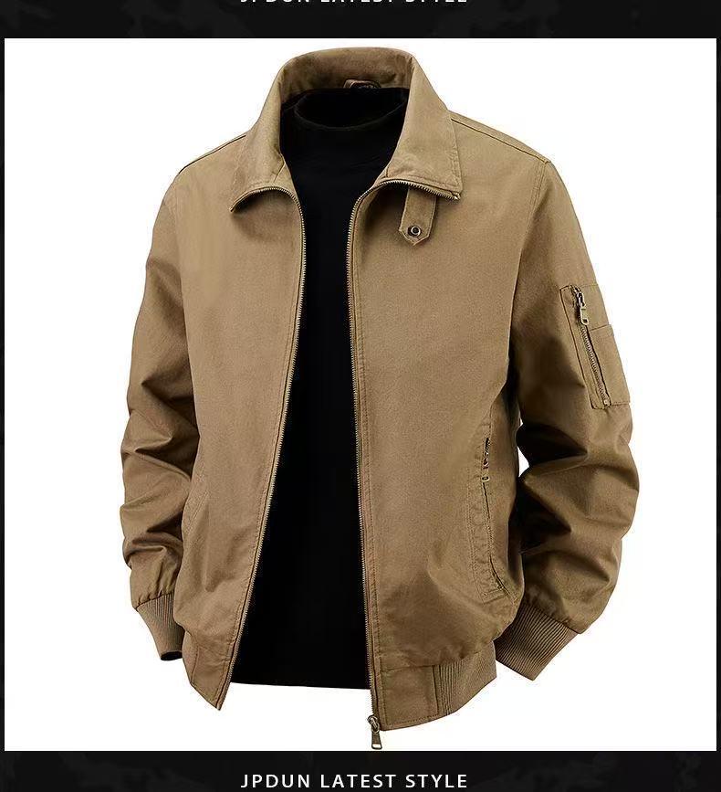 Men's Retro Pilot Lapel Cotton Jacket - Solid Color, Plus Size, Spring/Autumn Workwear Style