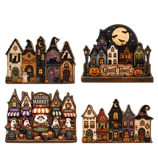 Halloween Hanging Wooden Sign House Pendant with Hemp Rope for Wall Door Autumn Seasonal Art Decoration, Haunted Castle Ornaments Pumpkin Ghost