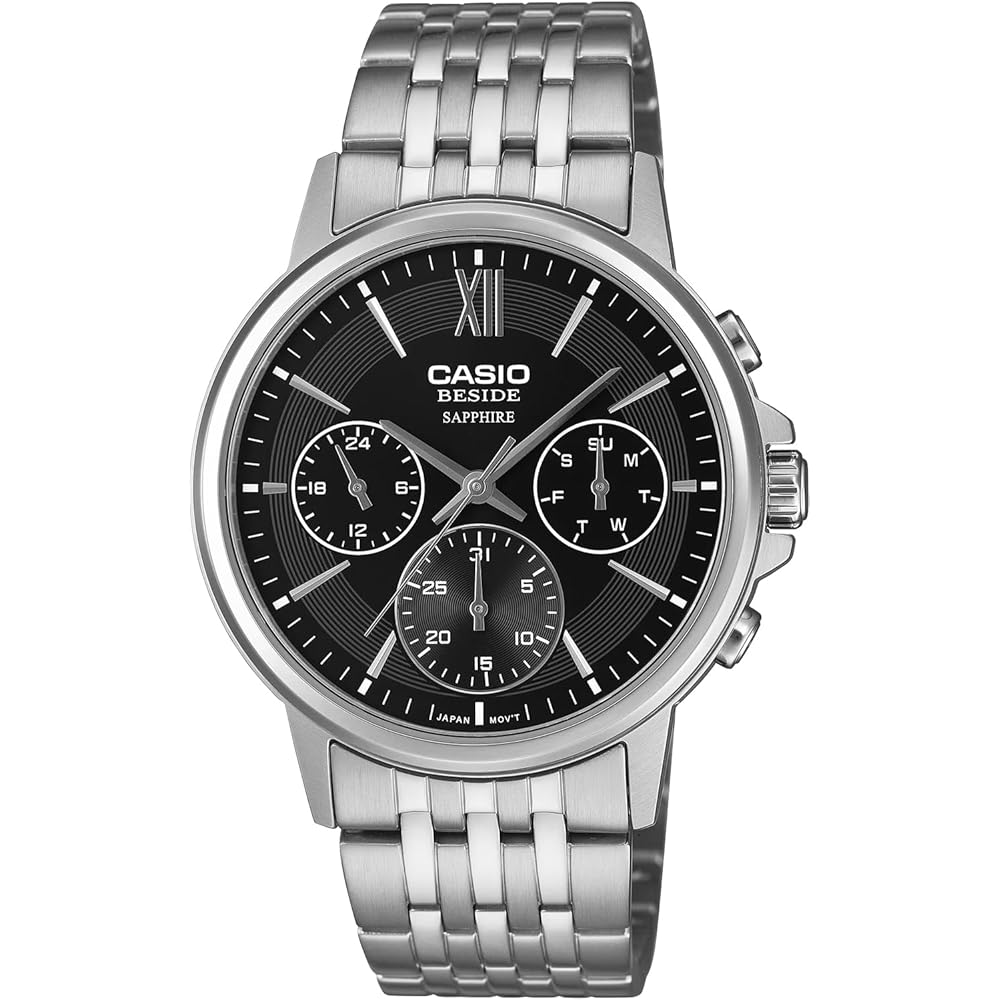 Casio Beside Quartz Men s Watch Sapphire Glass BMS-300D-1AV Stainless Steel Band 24-Hour Display Black