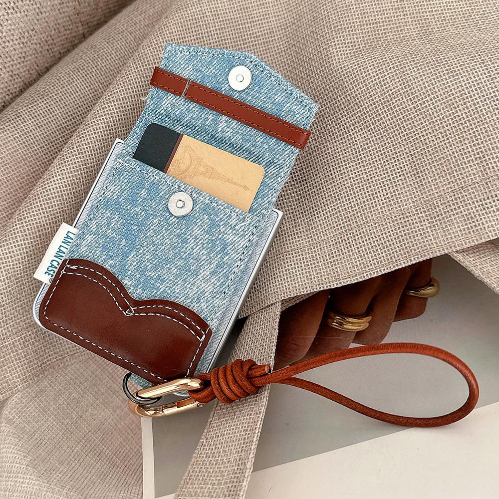 Denim Cardholder Phone Case for Samsung Galaxy Z Flip 7 Flip 5 Flip 6 3 4 Wrist Chain Shockproof Back Cover