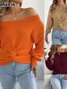 Autumn Winter Casual Solid Color Off-Shoulder Knot Long Sleeve Sweater Women's Clothing