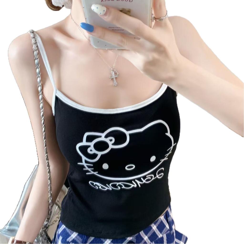 Summer New Sweet and Spicy Style Contrasting Color Edge KT Cat Print Suspender Vest Female Slim Slim and Thin Versatile Top