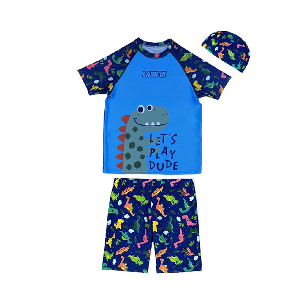 Boys Summer Three-Piece Swimsuit Set Short Sleeve Rash Guard Swim Shirt Swim Shorts Swim Cap Astronaut Print Sun Protection Swimwear