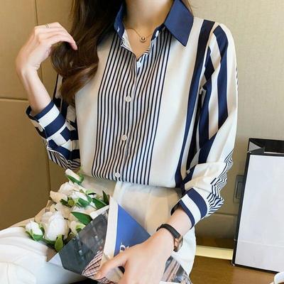 Camicia da Donna Bluse a Righe Blu Top a Maniche Lunghe Donna Abbigliamento con Bottoni Collo Polo Moda Femminile Camicia Casual