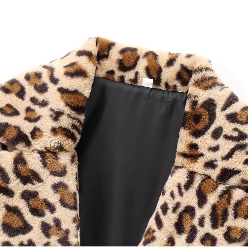 Volné kabáty z umělé kožešiny s leopardím potiskem Ženy Vintage Kožešiny s klopou Kapsa tlustší Podzim Zima Módní Dámský kabát