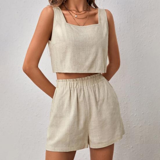 Women's Cotton Linen Two-Piece Set Sleeveless Crop Backless Tank Top Wide Leg Short Pants Set Summer Casual Outfit Matching Loungewear
