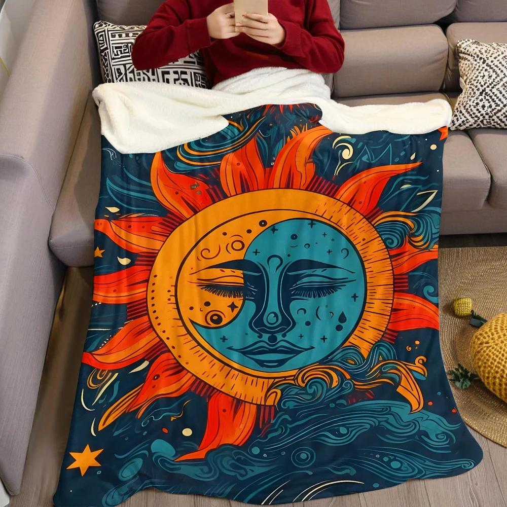 Sun & Moon Tribal Flannel Blanket Warm Soft Halloween Christmas Couch Warm Cozy Decorative Decor Gift for All Season