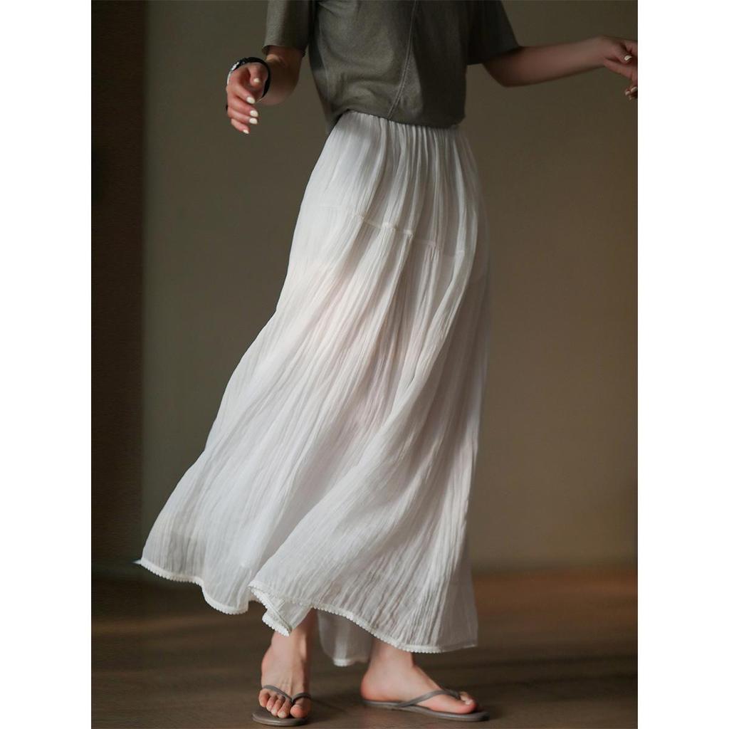 Lightweight Retro Linen Flowy Long Skirt with Elastic Waist