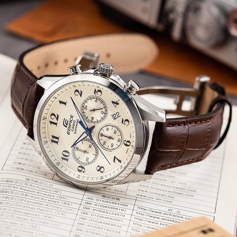 Casio EDIFICE Series Sapphire Mirror Business Waterproof Quartz Movement Leather Strap Japanese and Korean Watch Men's Watch White EFB-650L-7AVUPR
