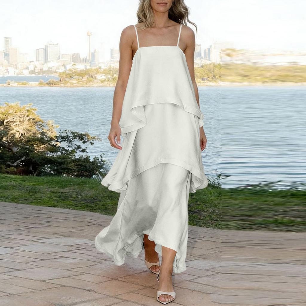 Women's Satin Slip Dress Layered Tiered Ruffle Hem Sleeveless Loose Fit Vacation Midi Dress with Adjustable Straps