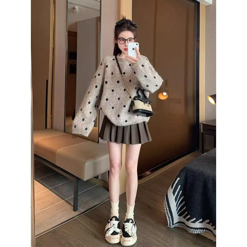 Khaki Polka Dot Pullover Sweater for Women New Autumn and Winter Thickened Loose Casual Lazy Style Sweater