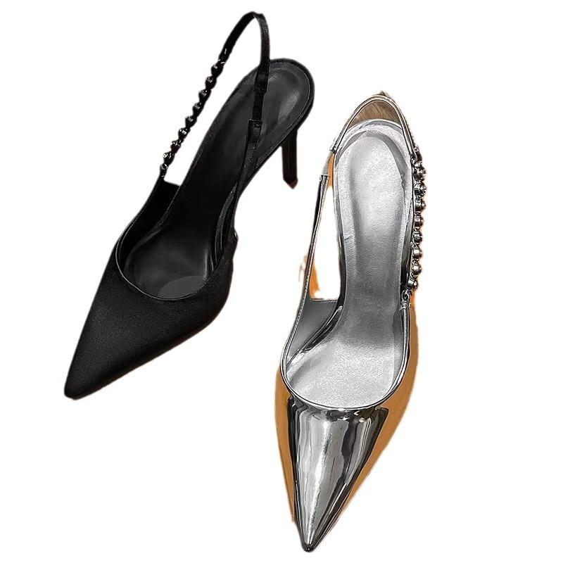 Rhinestone women's shoes temperament high heels single shoes pointed 2025 summer ins silver women's new celebrity stiletto sandals