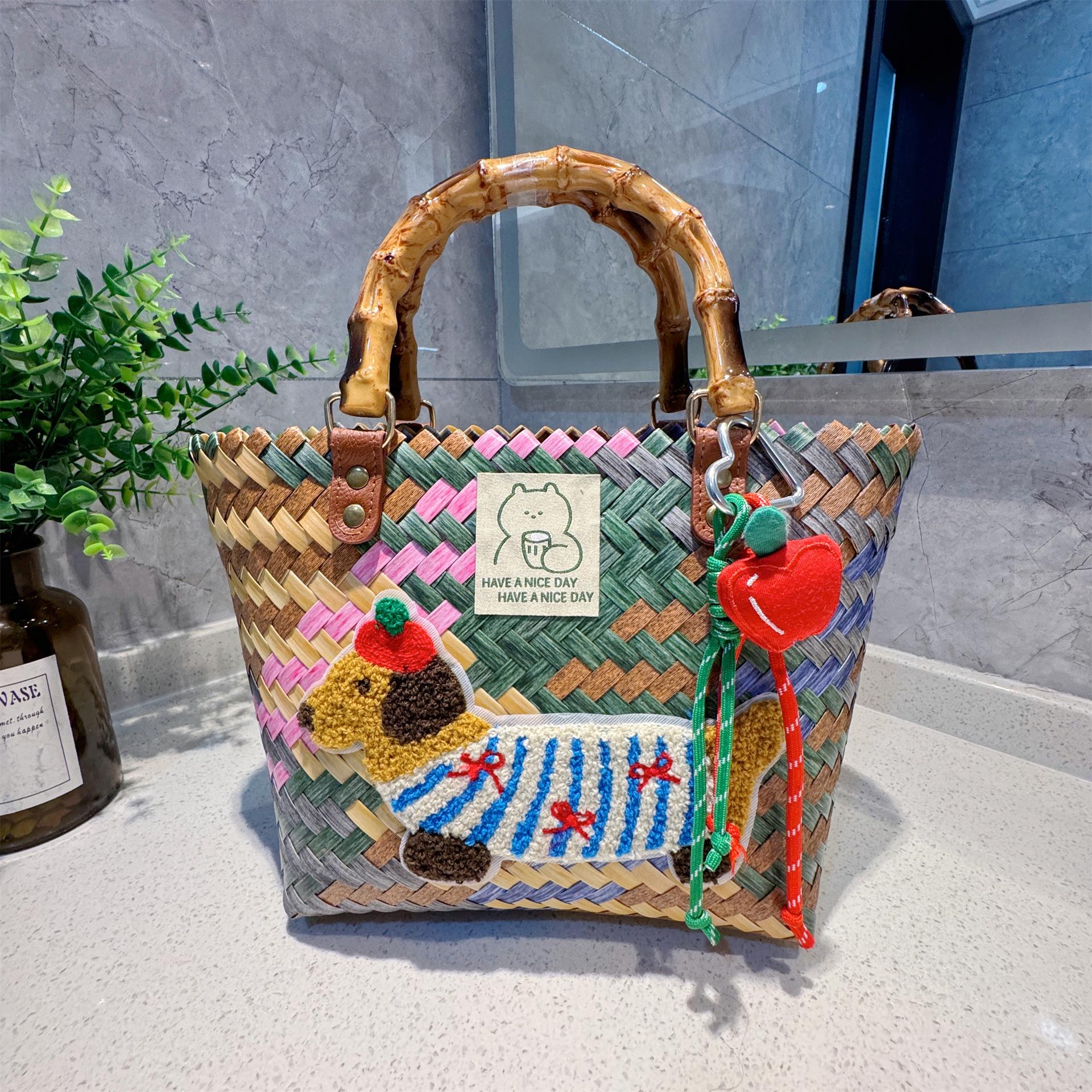 Retro Dachshund Woven Basket Bag for Women,Cute Dog Pattern Tote Shoulder Bag,Unique Gift Idea Medium