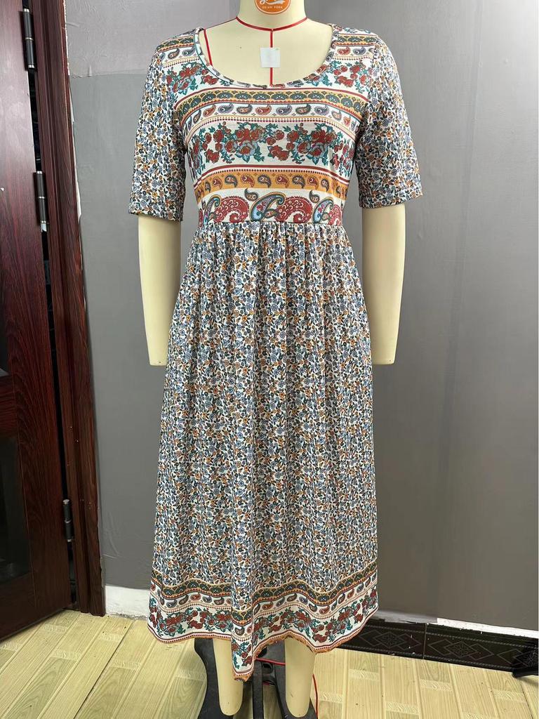 2024 Summer Bohemian Print Women's Maxi Dress with Round Neck and Short Sleeves