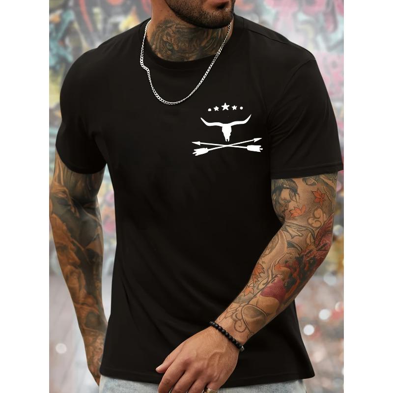 

Fashion West Bull Skull Print Men s Crew Neck Short Sleeve T-shirt Comfy Breathable Trendy Summer Tops 4XL чорний