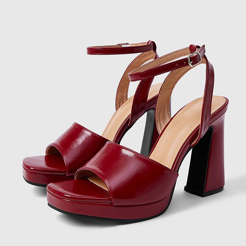 

Летние черные кожаные сандалии на массивной платформе, модные сандалии с квадратным носком, ремешком с пряжкой и квадратным высоким каблуком, туфли для вечеринки, женские 42 красный