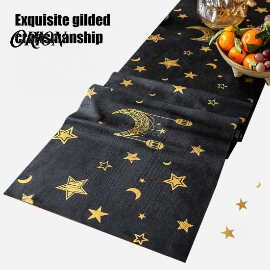 Party Table Decorations Eid Mubarak Runner, Ramadan Gold Moon Stars Tablecloth, Islamic Happy Decorative Runner for Dining Holiday Rectangular