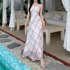 Summer new Korean version of women's clothing striped lace lace bow, suspender dress high waist A-shaped long dress