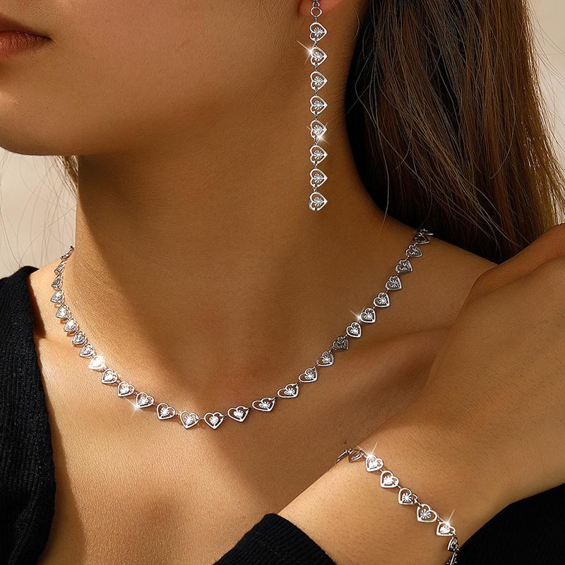 Stainless Steel Creative Heart-Shaped Necklace Bracelet Earrings Set Fashion Silver Color Waterproof Jewelry for Women