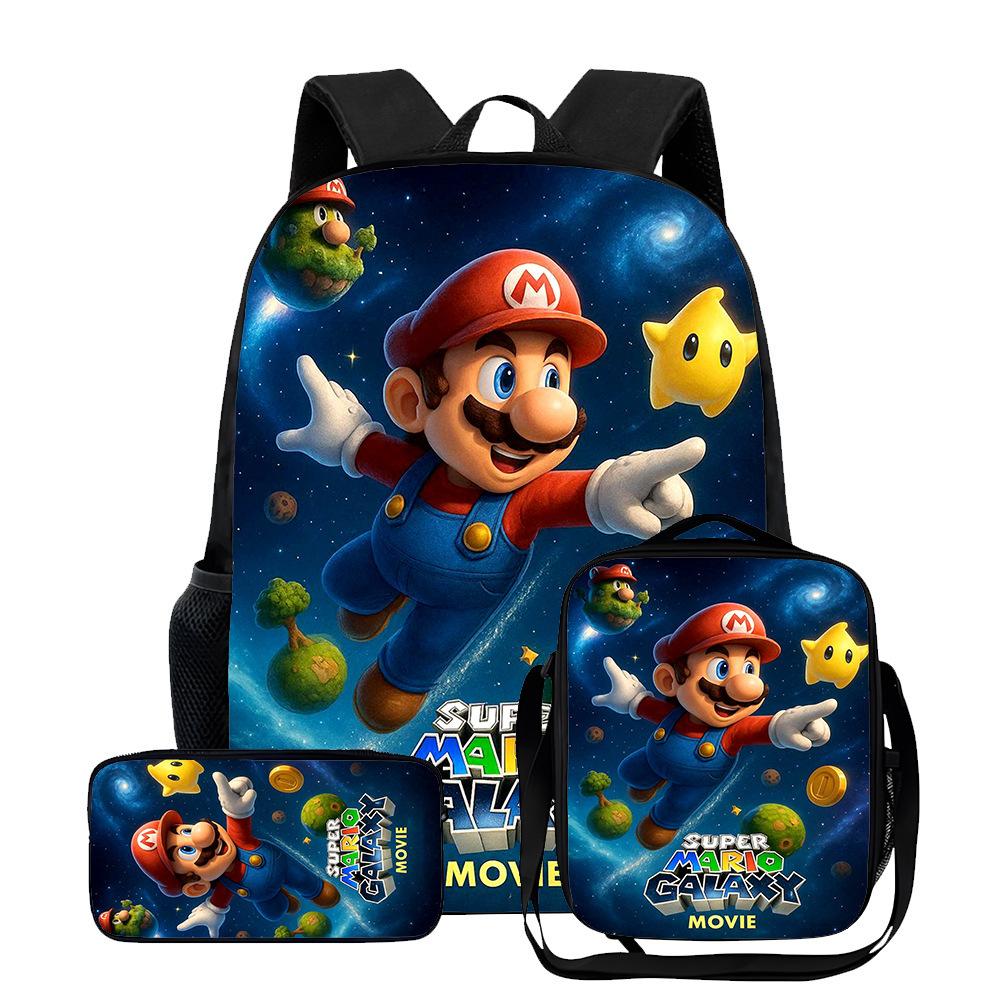 New Mario cartoon backpack, three-piece set for primary and secondary school students, school bag, backpack, shoulder bag, pencil case.