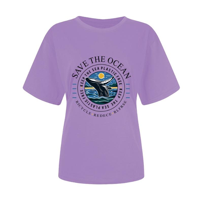 

Весна-лето Кит Плавающий Письменный Узор Свободного Покроя Хлопок Короткие Рукава Круглый Вырез Футболки Женские XXXL светло-фиолетовый