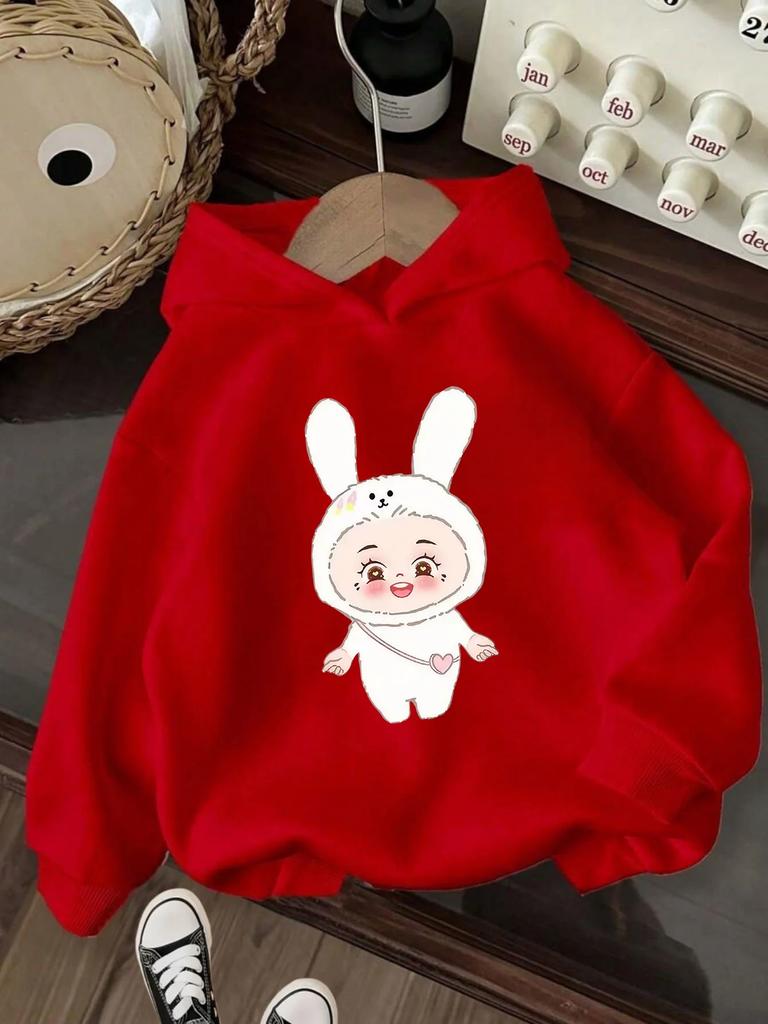 Cute Cartoon Bunny Pattern Children's Hoodie, Soft Fleece, Stylish and Versatile Hooded Sweatshirt for Autumn and Winter