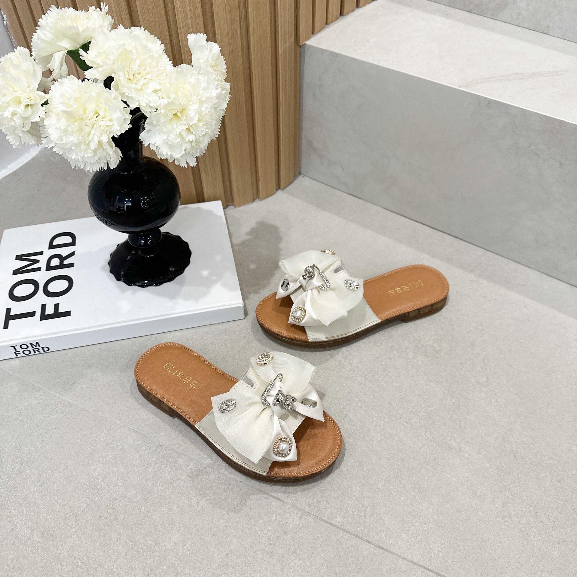 Women s Cowhide Outdoor Slippers - 2025 Summer, Bow Knot, Non-slip, Soft Rubber Sole, Comfortable Large Size Sandals 39 бежевый