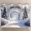 2D Snowy Garden Arch Scene Backdrop, White Columns & Pine Tree Photography Background