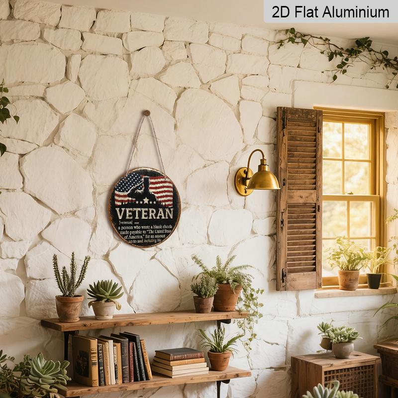 2D Flat, 1pc Round Aluminum Hanging Sign - "Veteran Definition" Patriotic Metal Wall Art, Vintage American Flag & Salute Silhouette Design, Perfect