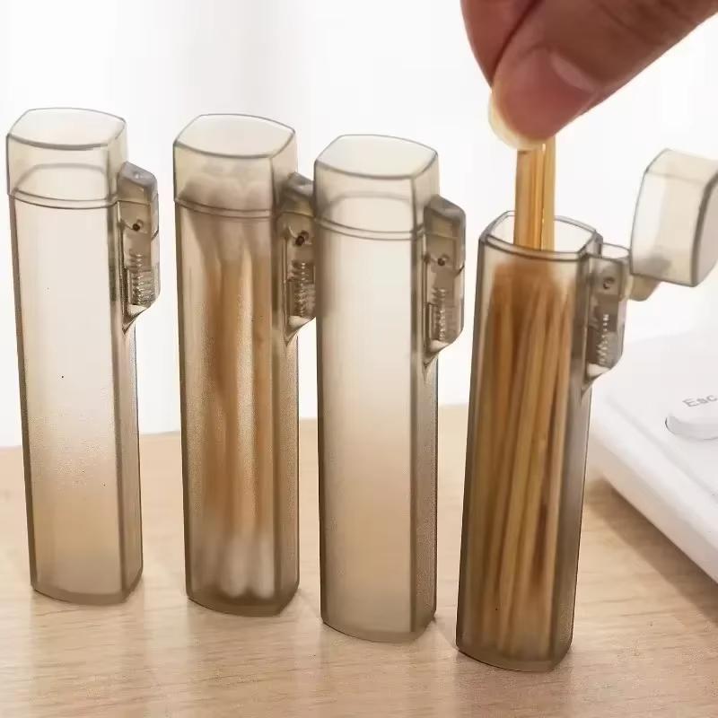 5pcs Portable Toothpick Box Travel Outdoor Plastic Toothpick Storage Box Transparent Cotton Swab Dispenser with Spring Switch