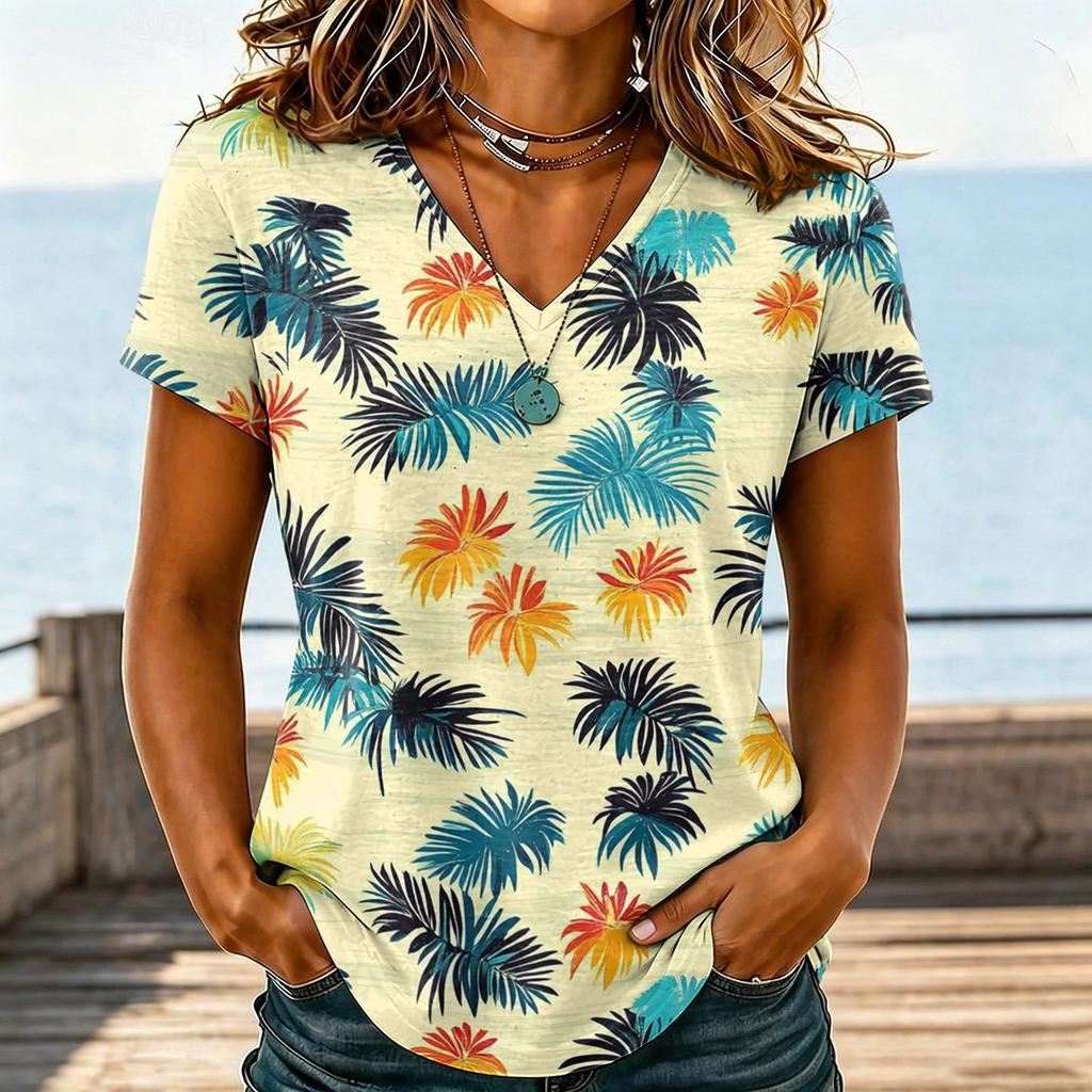 Women's Casual V Neck Short Sleeve Hawaiian Print Top T Shirt Lightweight Summer Blouse Relaxed Fit Soft Fabric