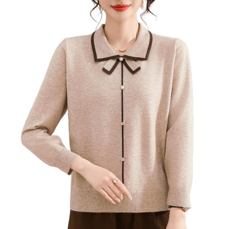 Mom's autumn shirt new early autumn lapel sweater spring and autumn long-sleeved knitted bottoming shirt women's top