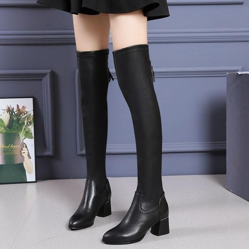 Women's Leather Faux Fur Lined Boots Over-the-Knee High Heel Boots with Anti-Slip Sole Trendy Long Boots for Autumn Winter