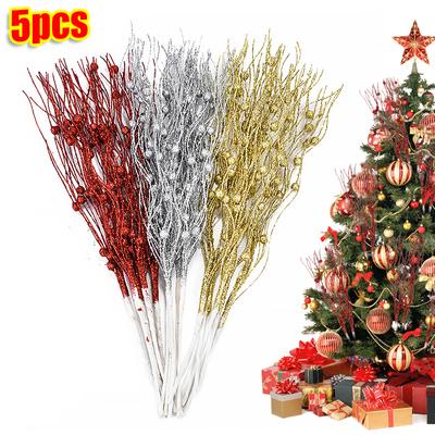 1/3/5Pcs Christmas Artificial Glitter Berry Stem Branches Xmas Tree Ornament New Year Home Decoration DIY Vase Filler 2025 Party