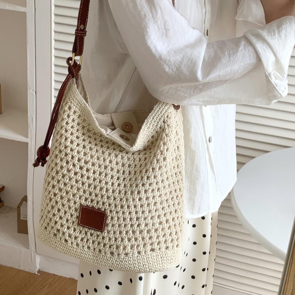 Casual Simple Hollow Cotton Thread Woven Bag Women'S Summer Pastoral One Shoulder Messenger Bag Large Capacity Tote Bag