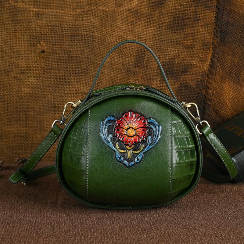 Genuine Leather Flower Embossing Shoulder Bags for Women Ladies Top Layer Cowhide Crossbody Bag Vintage Design Handbags