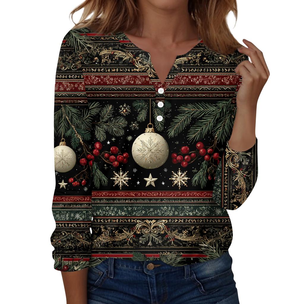 Women's Fashion Casual H Printed V-Neck Long Sleeve Decorative Button T-Shirt Tops