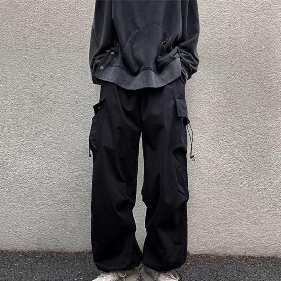 Men Baggy Cargo Pants Solid Color Parachute Pants Loose Fit Jogger Trousers with Side Pockets for Street Outdoor Sports