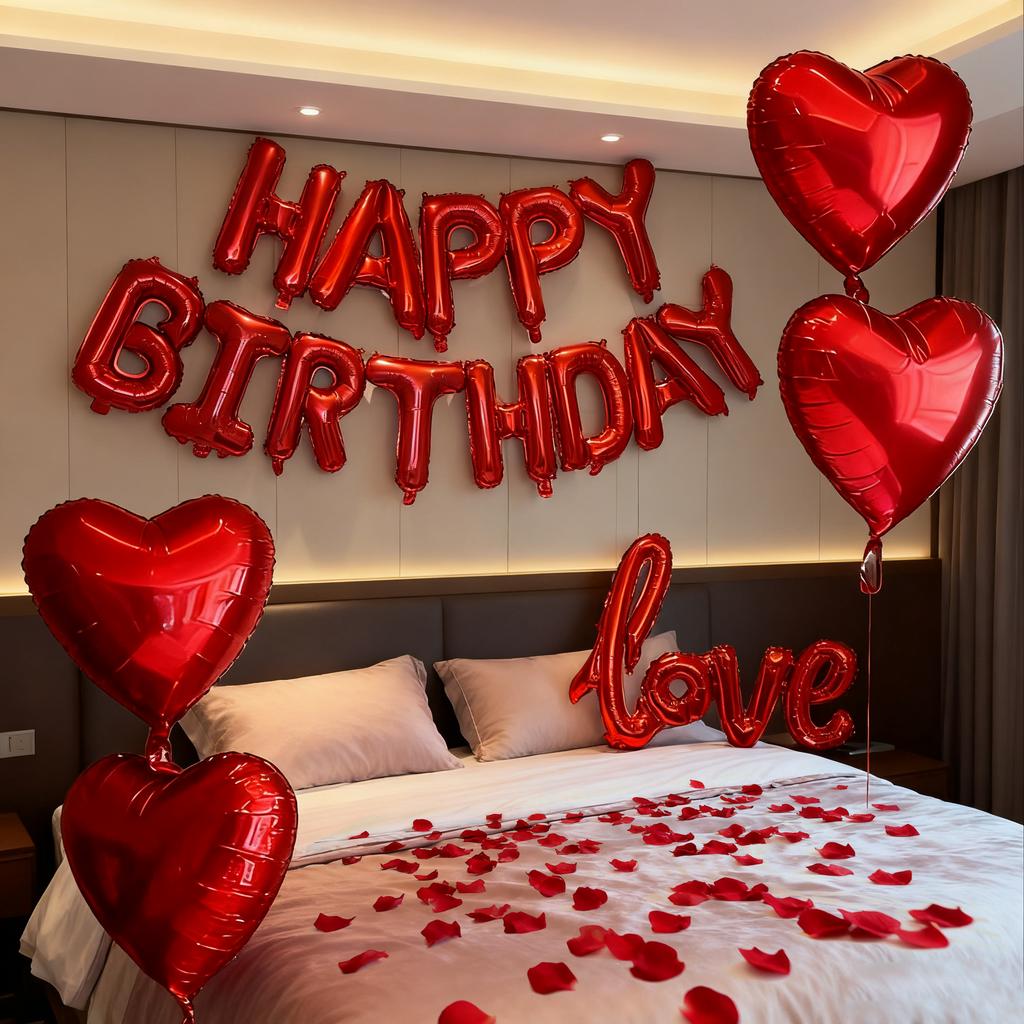 Red Birthday Balloon Set with Rose Petals LOVE Aluminum Film Balloon Birthday Party Decoration Photography Props