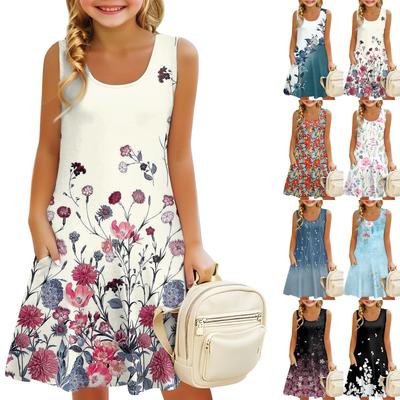 Ärmelloses Sommerkleid für Kinder mit U-Ausschnitt, A-Linie, geblümt, lässig, für den Urlaub