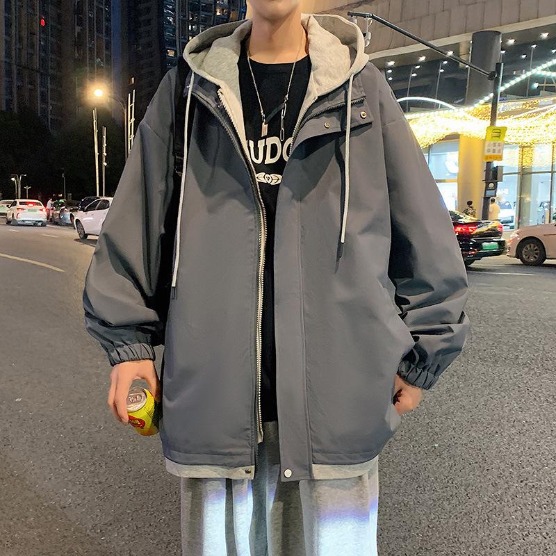 Fake Two Autumn and Winter New Casual Men's Korean Version of Trend Tooling Outdoor Jacket Hooded Coat.