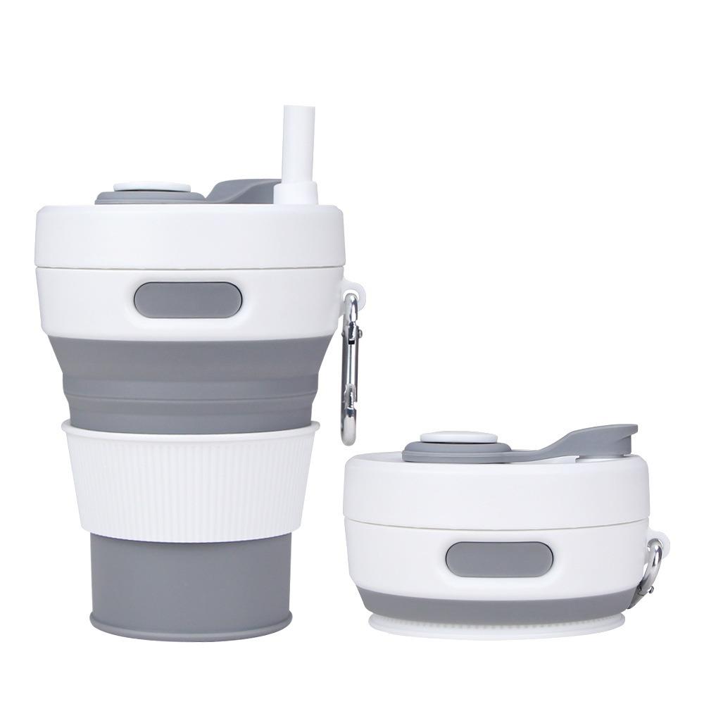 450ml Silicone Folding Straw Cup Space Saving High Temperature Resistant Retractable Cup with Buckle Leakproof Collapsible Cup