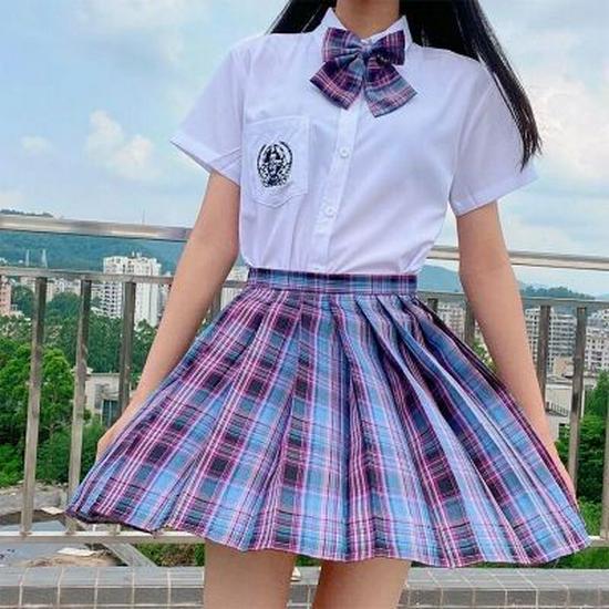 Japanese JK Sailor Suit: Teen Spring/Summer Full Set with Embroidered Shirt & Pleated Grid Skirt