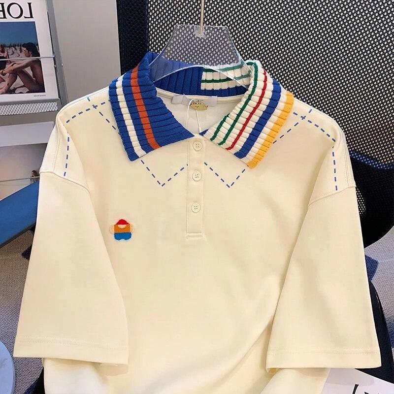 Preppy styl bílé tričko s polo výstřihem léto volné ležérní dámské tričko s krátkým rukávem korejské jídlo oversized styl top