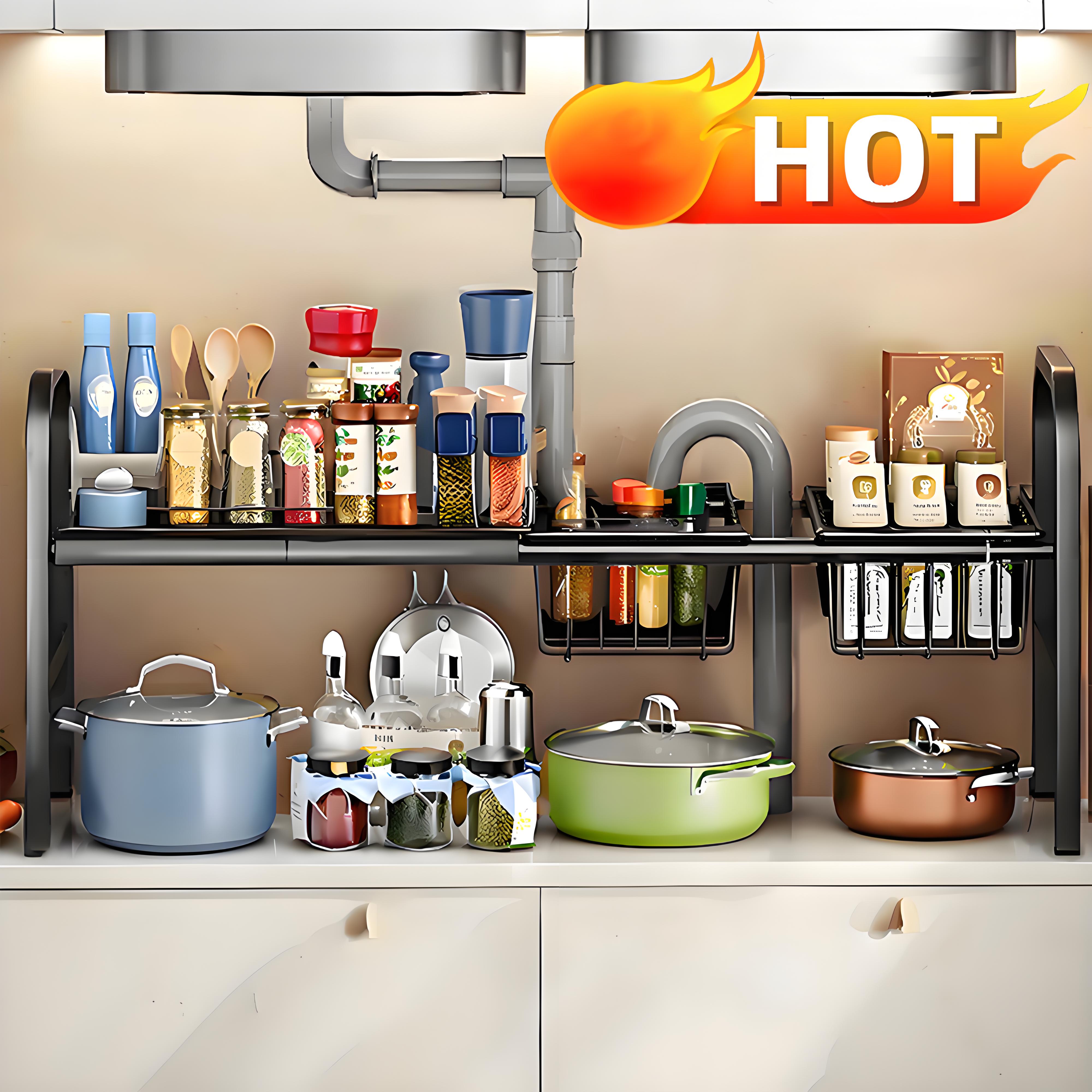 Double-layer black sink organizer, adjustable and extendable metal storage rack