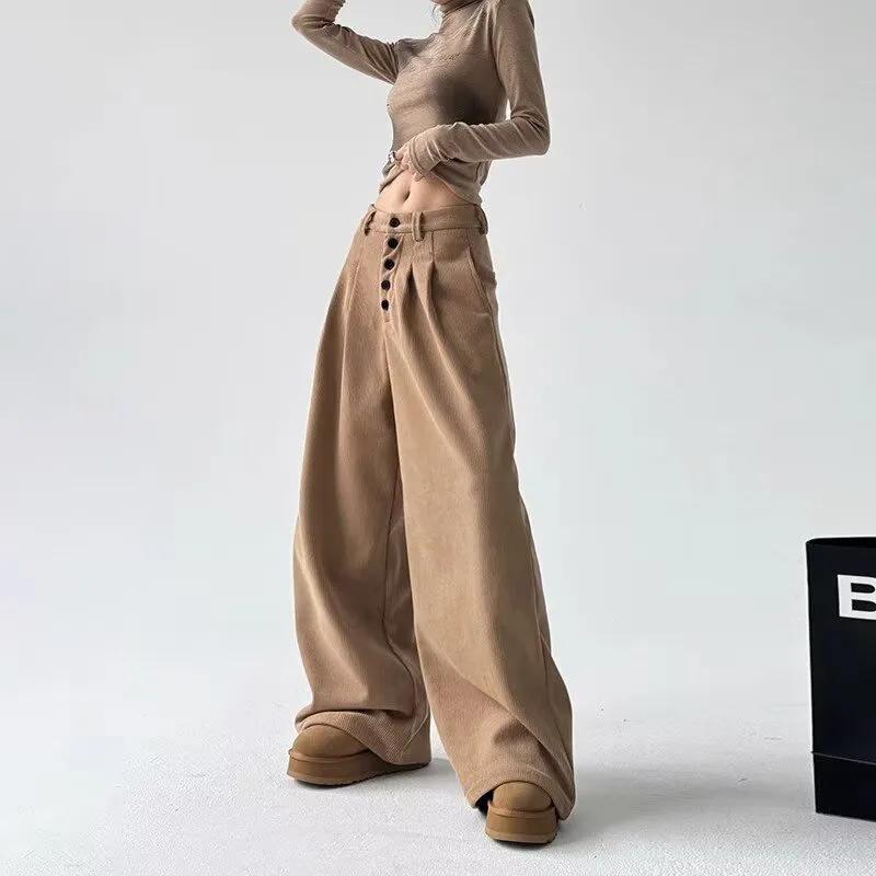 Amerikanische Retro-High-Waist-Einknopf-Hose Damenbekleidung Weiter Bein Modisch Falten Locker Basic Gerade Freizeit Hose