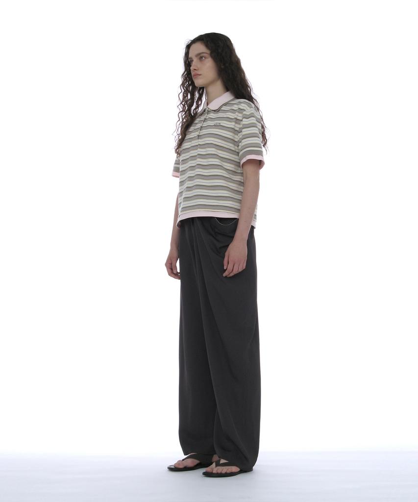 PARTIMENTO WOMEN Double Layered Stripe Polo Tee_Beige