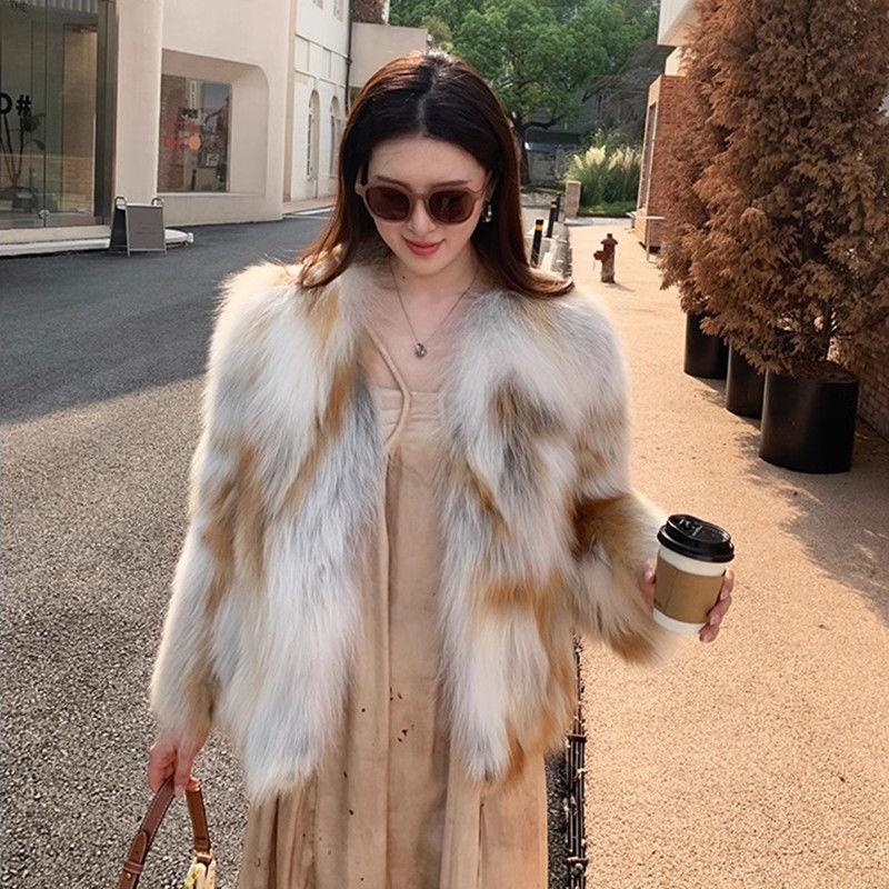 Nový zimní ekologický kabát z liščí kožešiny Top luxusní imitace kožešiny Sun Fox Celokožený kabát ze středně dlouhé kožešiny pro ženy