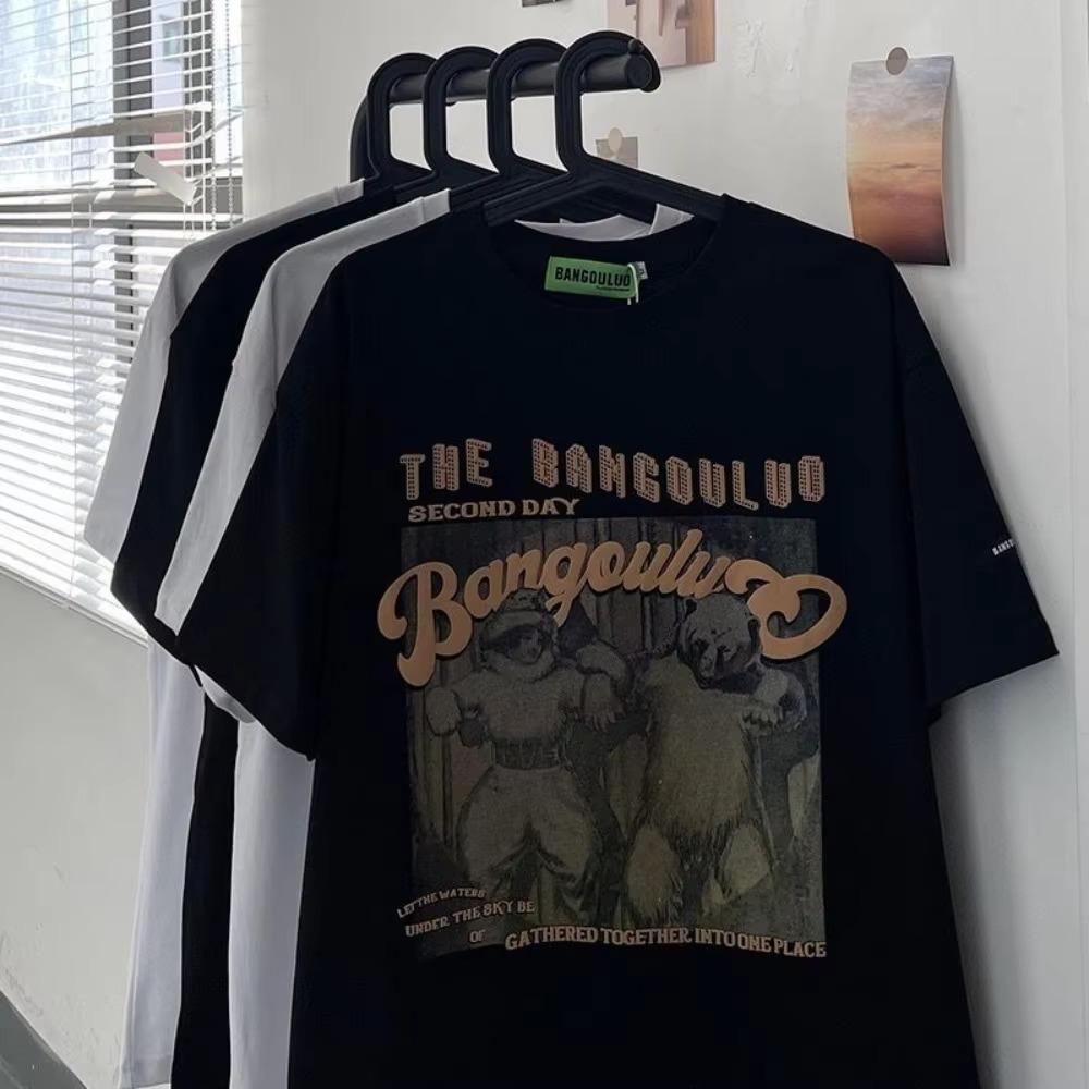 Plus Size American Retro Street Style Printed Short-sleeved T-shirt Men's Summer Loose and Comfortable Short-sleeved Shirt